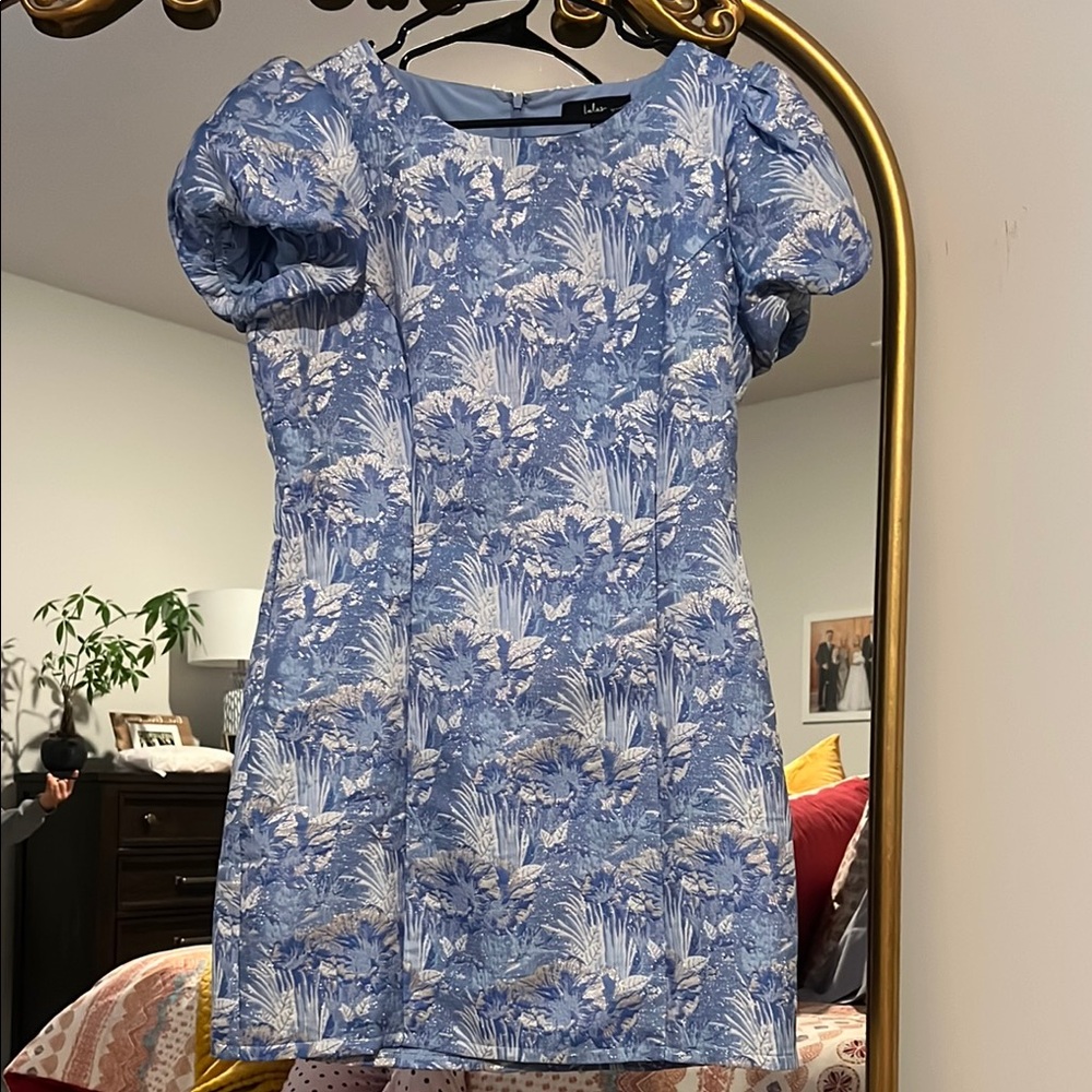Lulu's Blue Sheath Dress with Puff Cap Sleeves